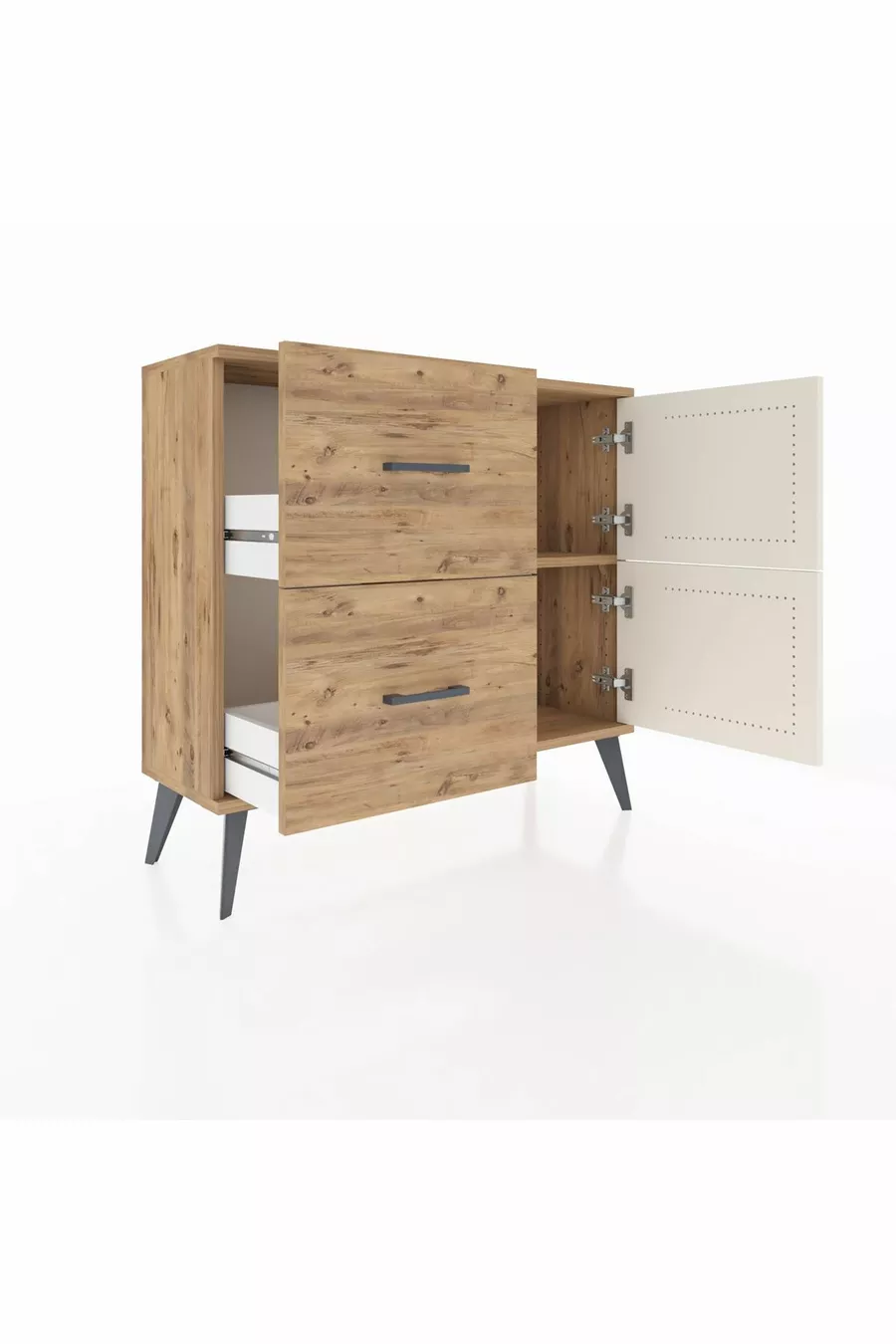 Commode Arges avec une seule étagère, 2 tiroirs et 2 portes, en pin-pierre d'âme/pin