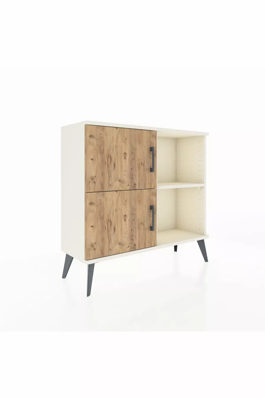 Commode Arges à 2 étagères et 2 portes, couleur Pierre de Lune-Pin/Pierre de Lune