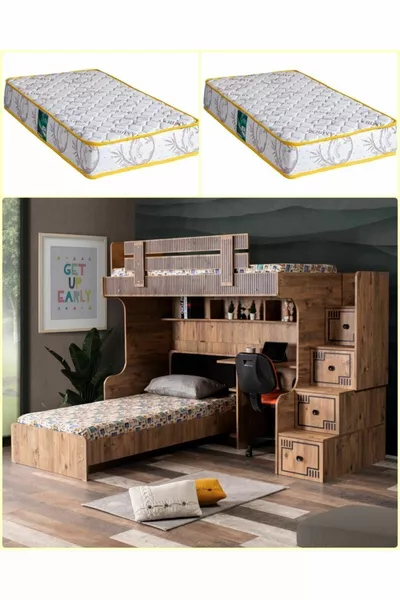 Bunk Bed, Natural Bunk Bed Bedroom Set with Desk and 2 Comfort Mattresses