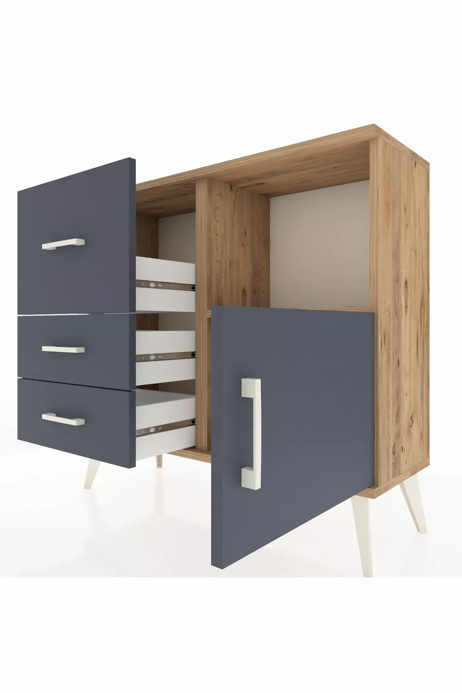 Commode Arges à une étagère, 3 tiroirs et une porte, pin-anthracite