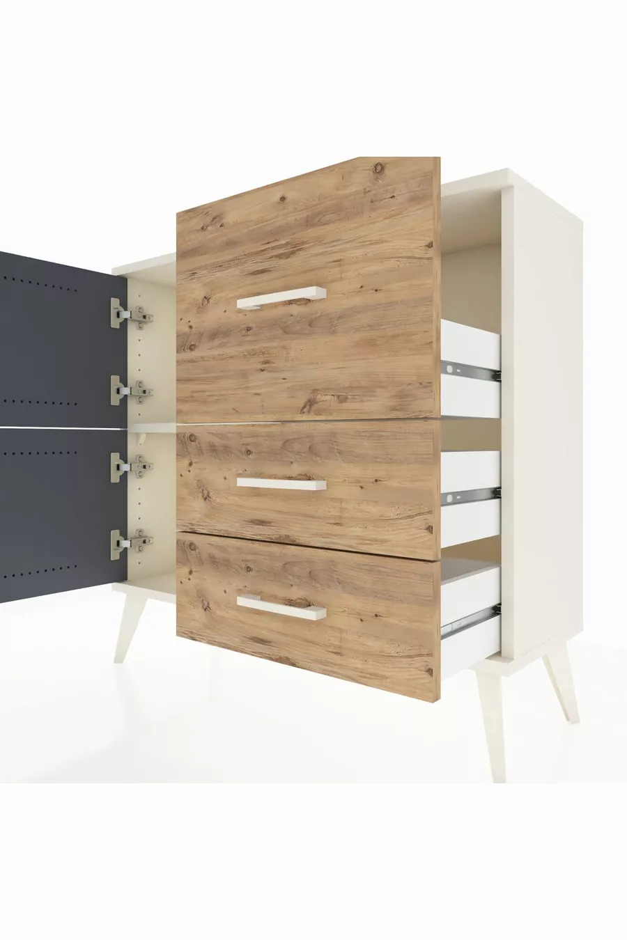 Commode Arges à une étagère, 3 tiroirs et 2 portes, Pierre de lune-Anthracite/Sapin