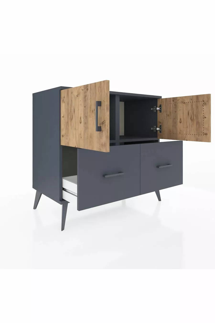 Commode Hyperion 2 étagères 2 tiroirs 2 portes Anthracite-Sapin/Anthracite