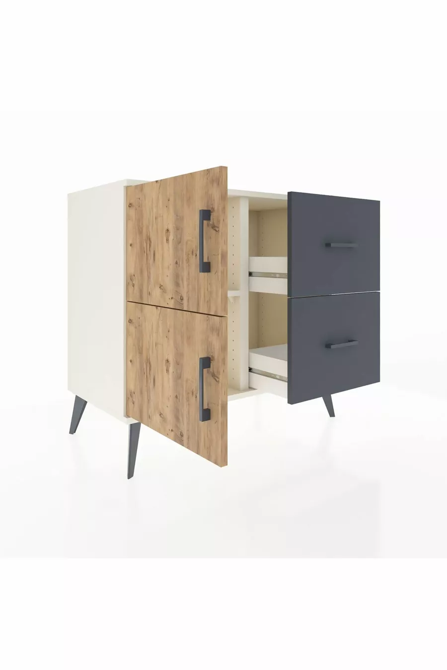 Commode Hyperion à une étagère, 2 tiroirs, 2 portes, Pierre de Lune-Pin/Anthracite