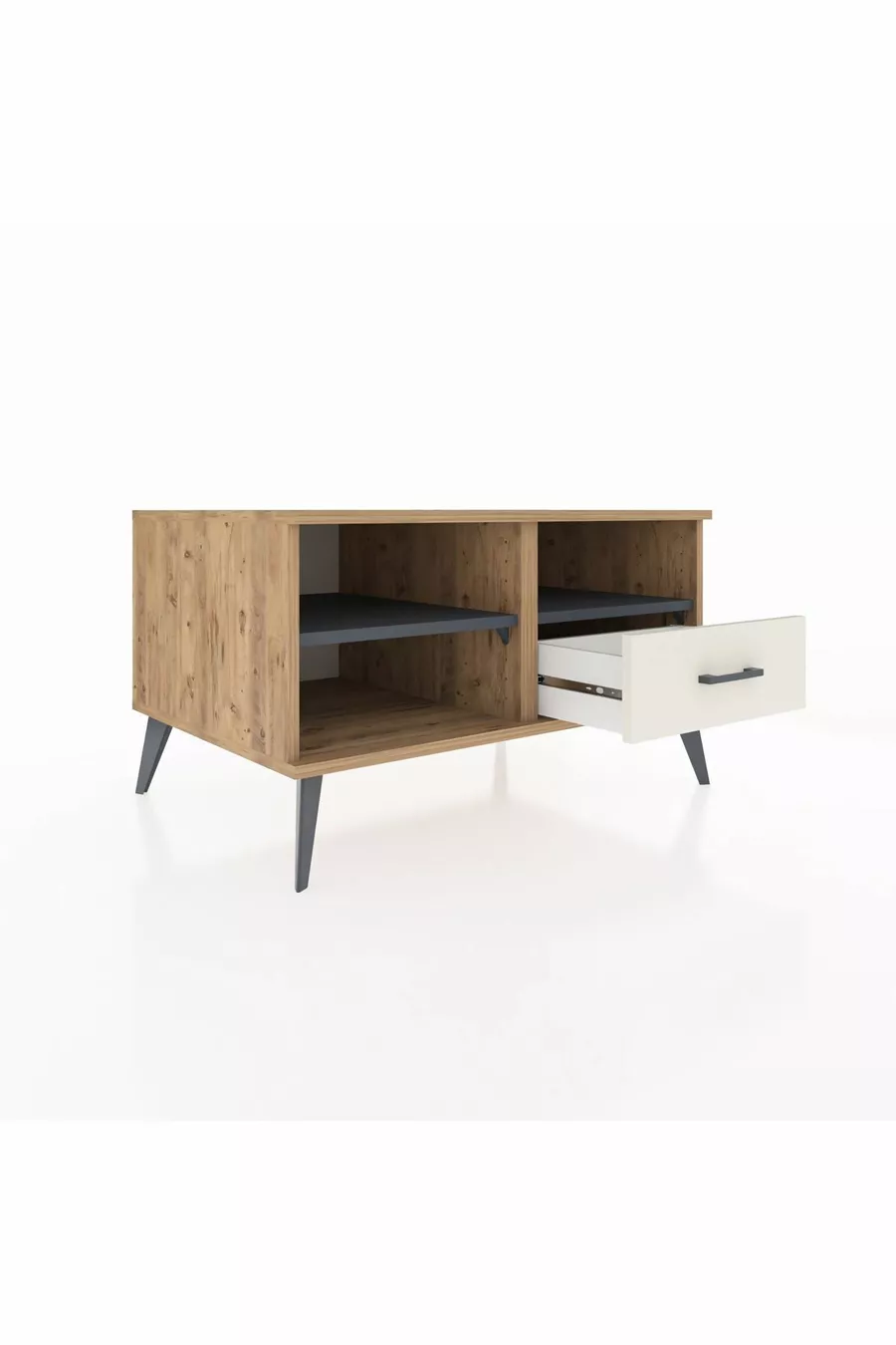 Commode Kronos à 2 étagères et 1 tiroir, en pin-anthracite/gris pierre
