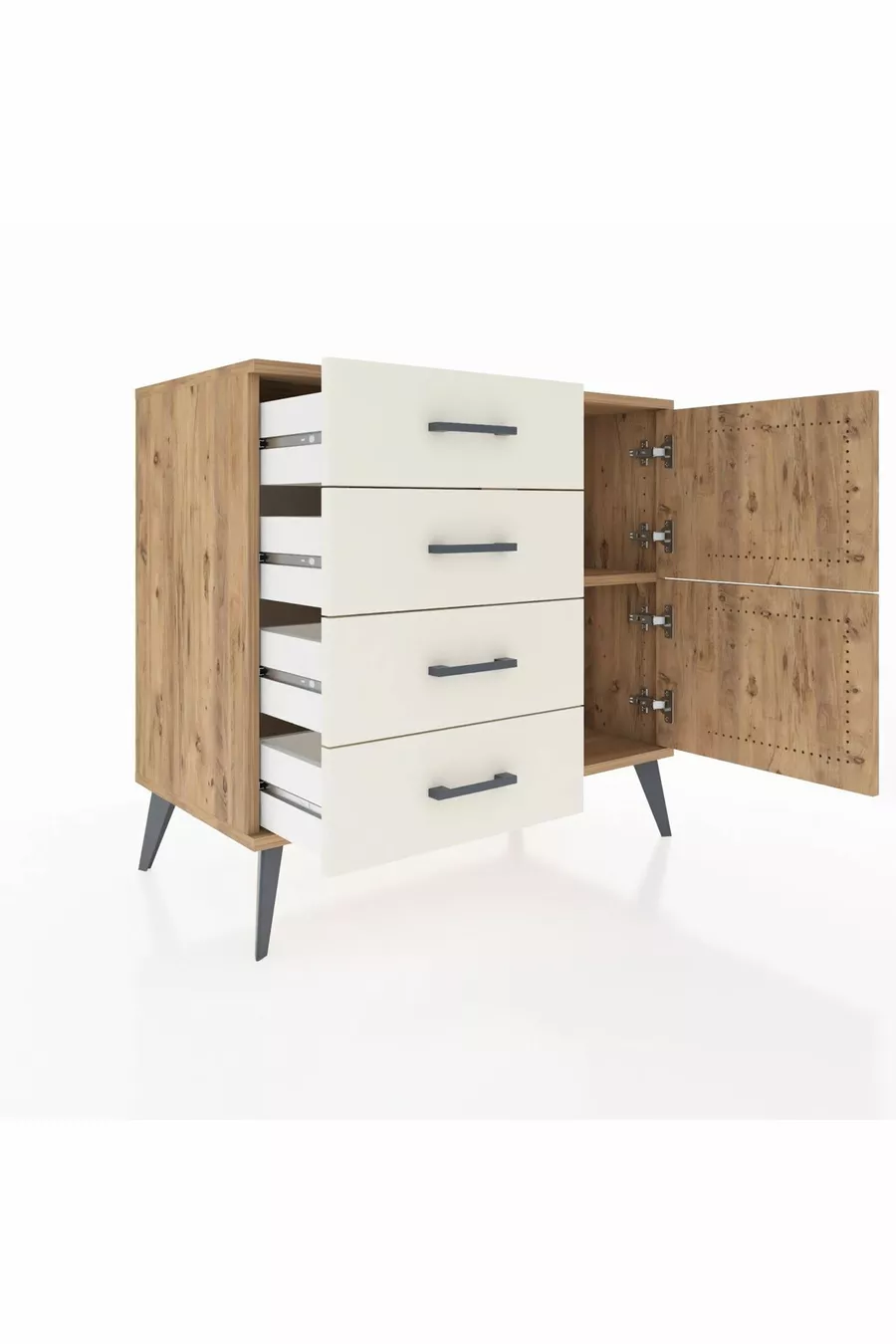 Hyperion Dressoir Met Één Plank, 4 Lades, 2 Deuren, Dennenhout-Dennenhout/Agaatsteen