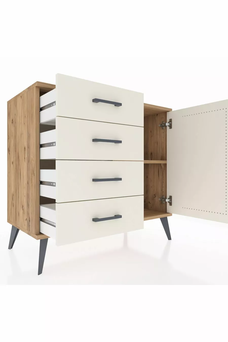 Commode Hyperion à une étagère, 4 tiroirs et une porte, pin et pierre de lune