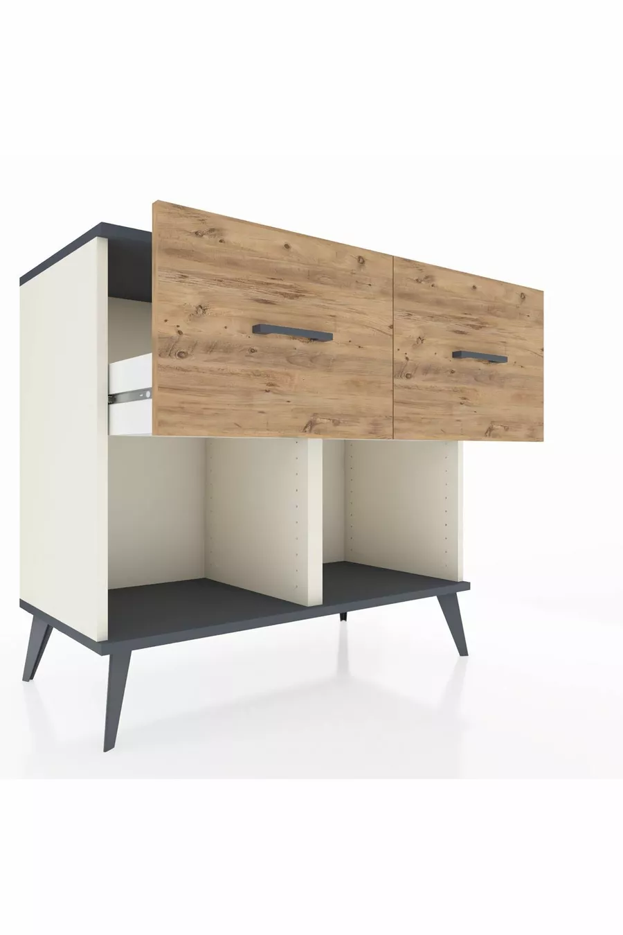 Commode Hyperion 2 tiroirs Pierre de lune-Anthracite/Pin