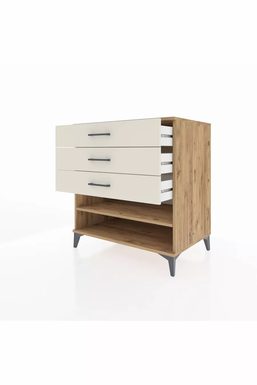 Commode Kronos à une étagère et 3 tiroirs en pin et pierre de lave
