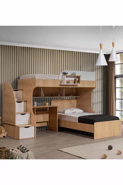 Bunk Bed, Aura Bunk Bed Desk, Walnut-white