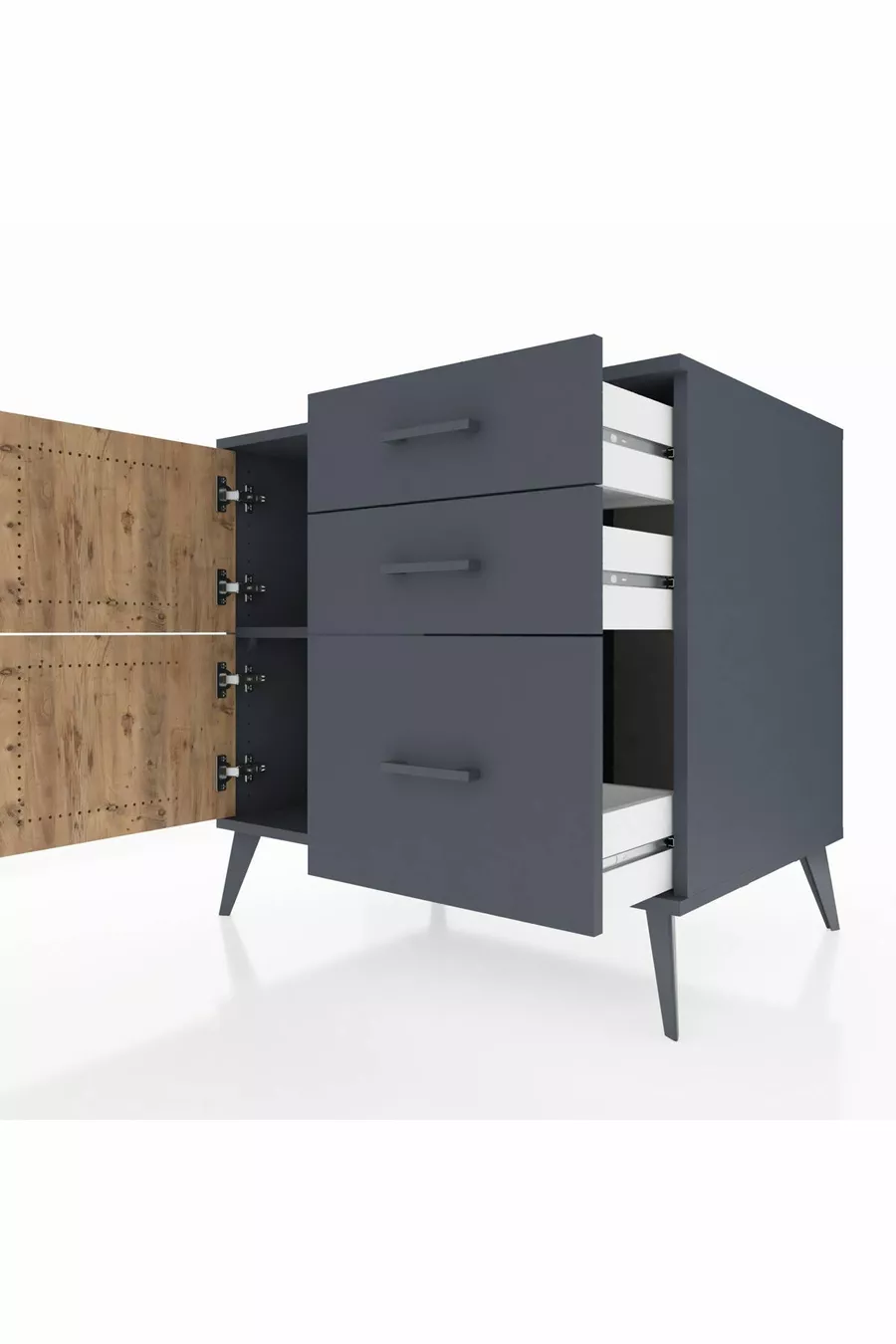 Commode Kronos à une étagère, 3 tiroirs, 2 portes, Anthracite-Sapin/Anthracite