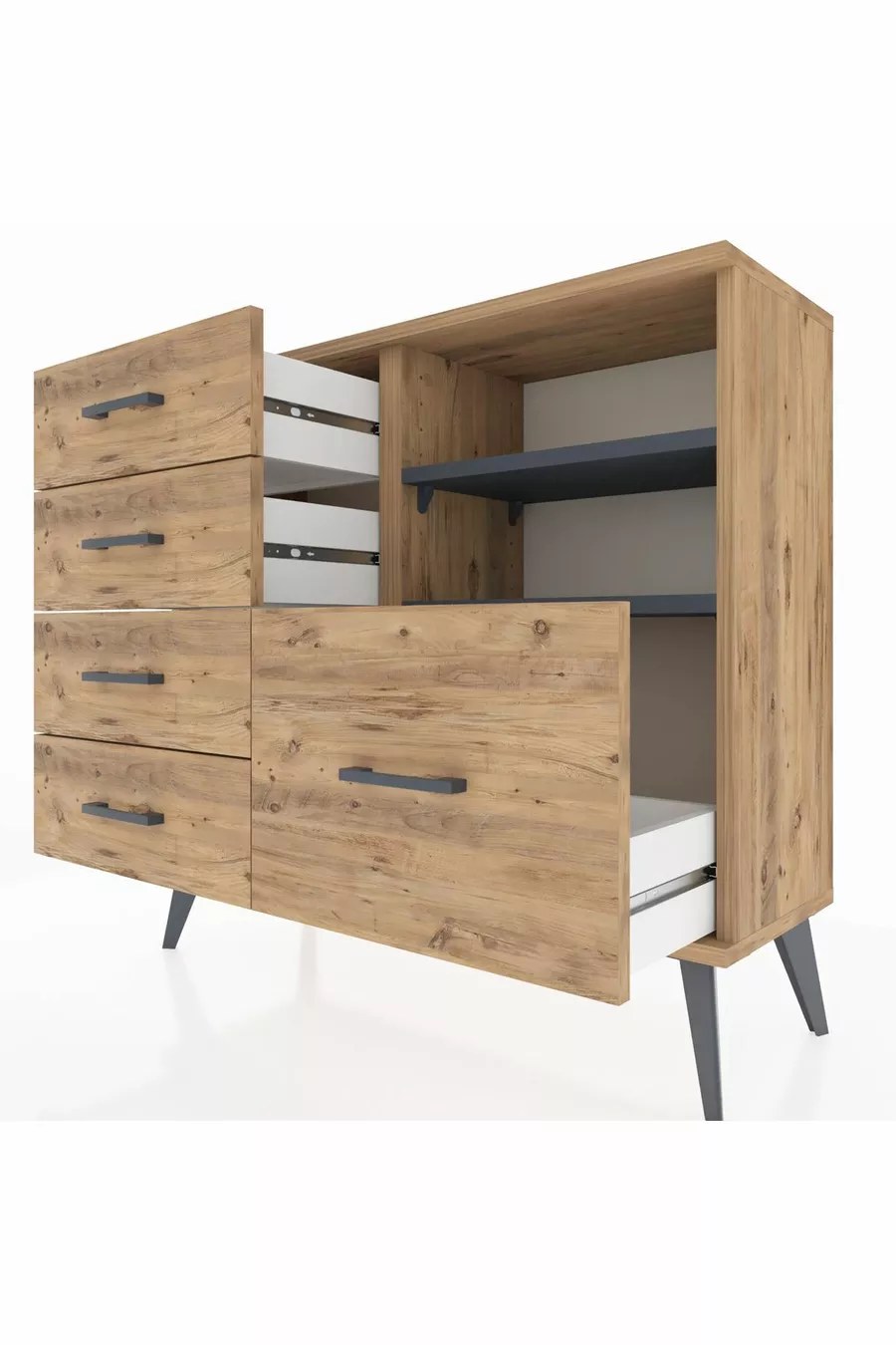 Commode Arges 2 étagères 5 tiroirs Pin-Anthracite/Pin
