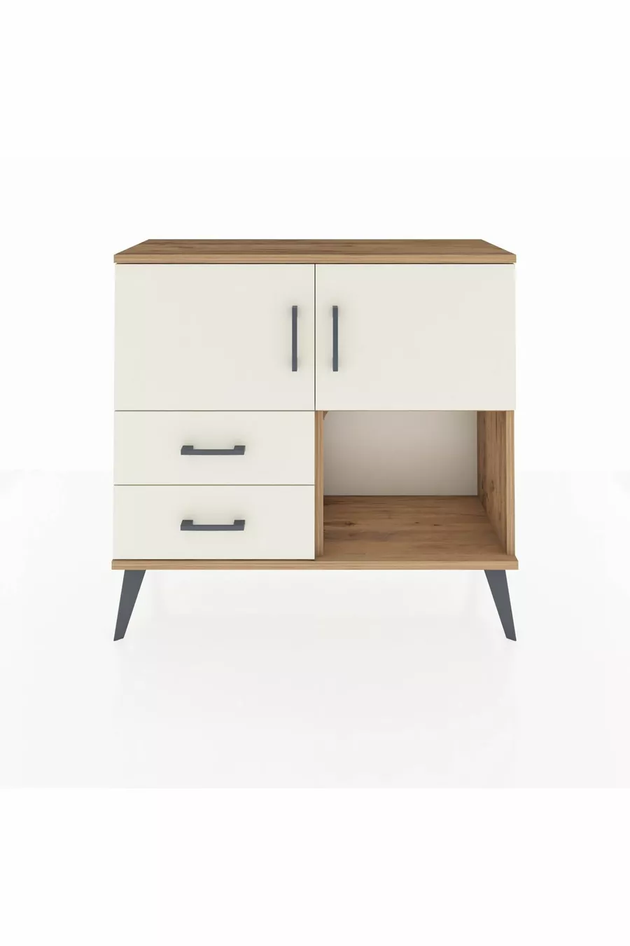 Commode Arges avec 2 étagères, 2 tiroirs et 2 portes, en pin et pierre d'agate