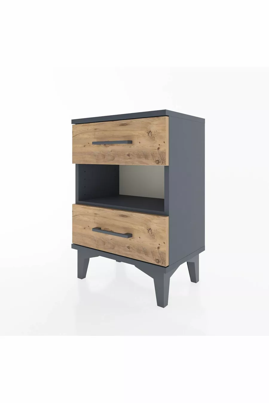 Chevet Arges à une étagère et deux tiroirs Anthracite-Pin