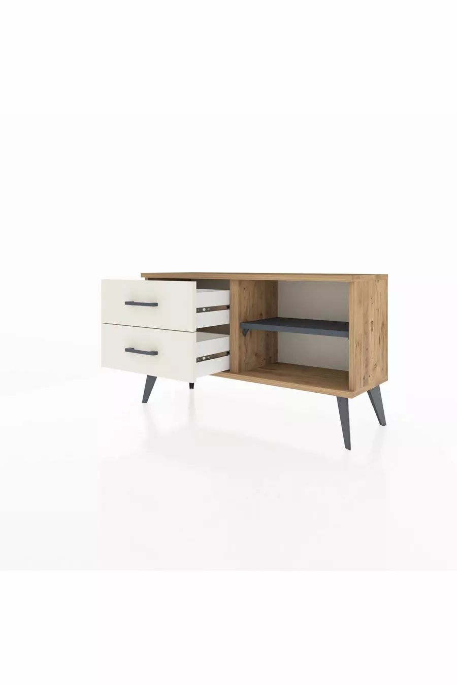 Commode Arges à une étagère et deux tiroirs en pin anthracite/granit
