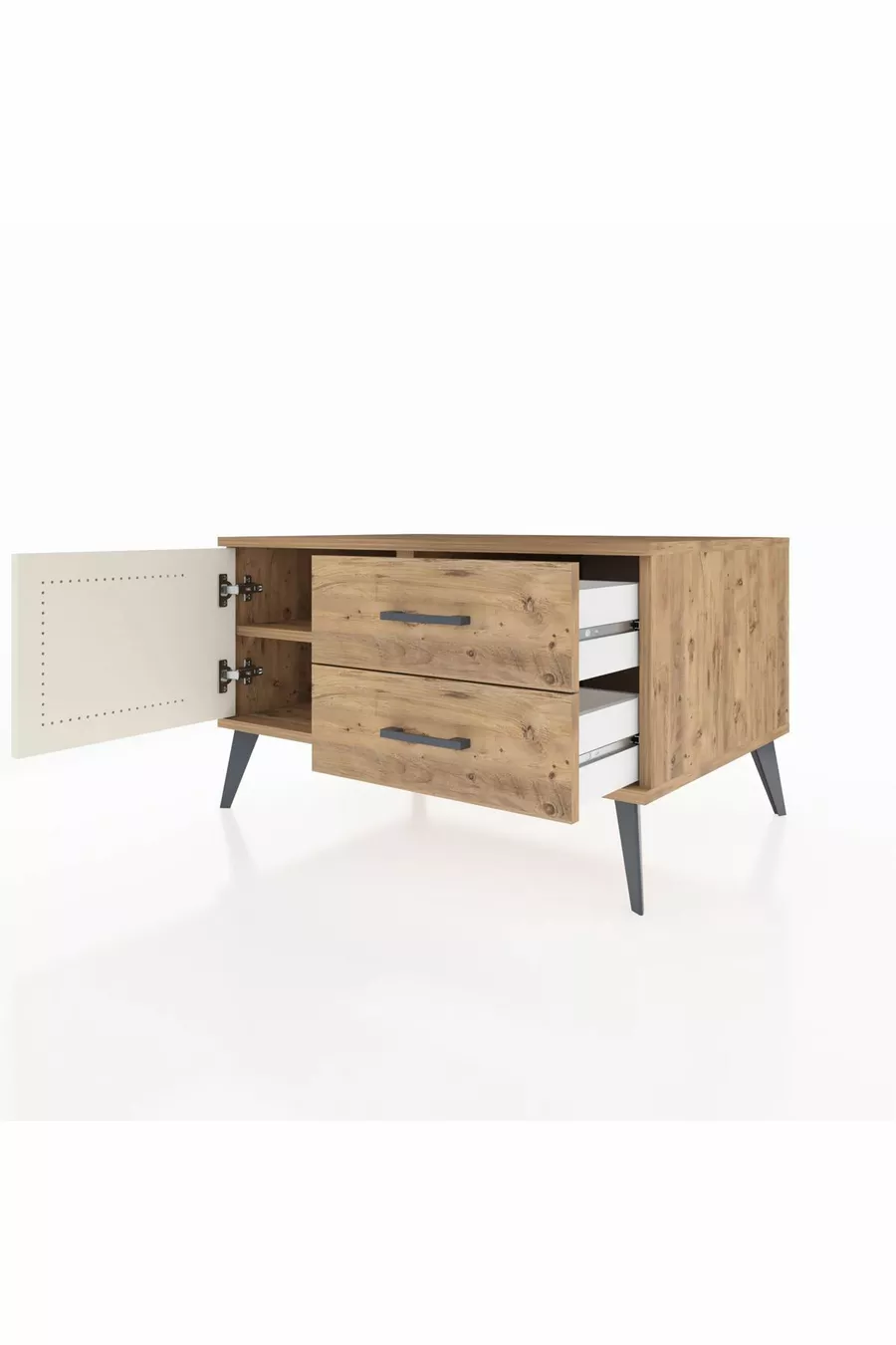 Commode Kronos avec une seule étagère, 2 tiroirs et une porte, Pin-Pierre d'Ay