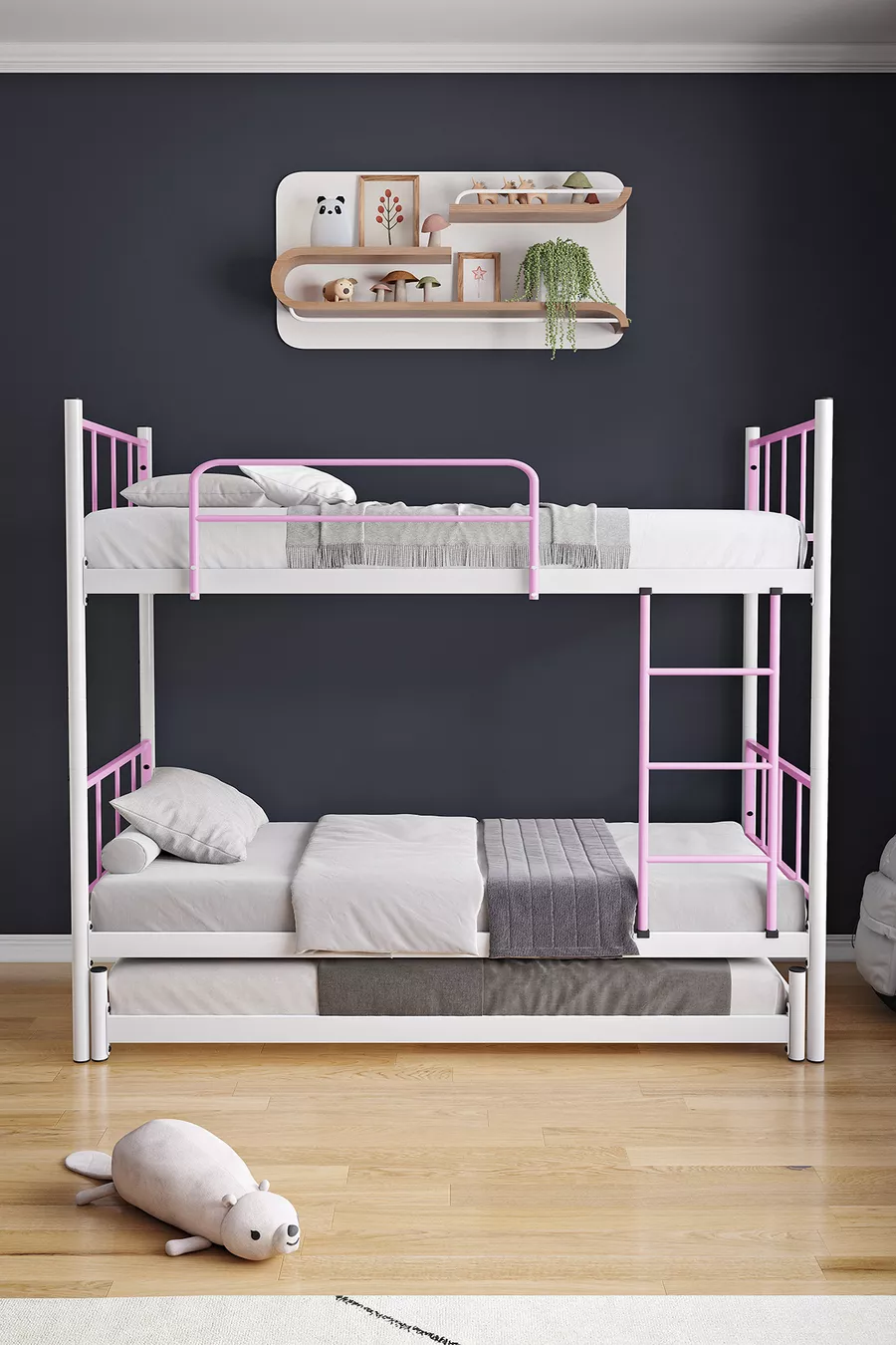 Letto a castello Tekno con cassetti, compatibile per 3 persone, colore rosa chiaro, in metallo