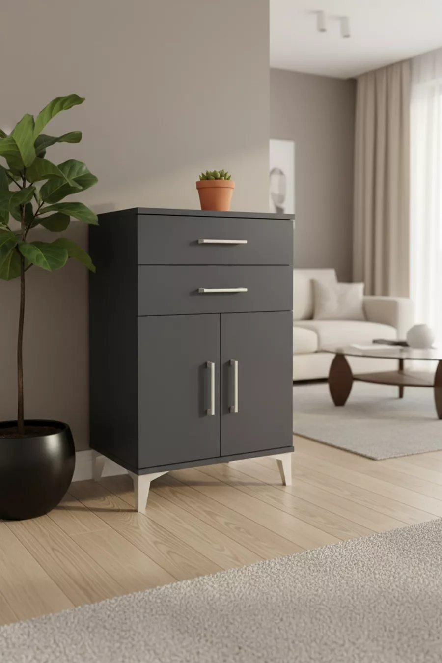 Silva Commode - Élégance Anthracite à 2 Tiroirs et 2 Portes (cm)