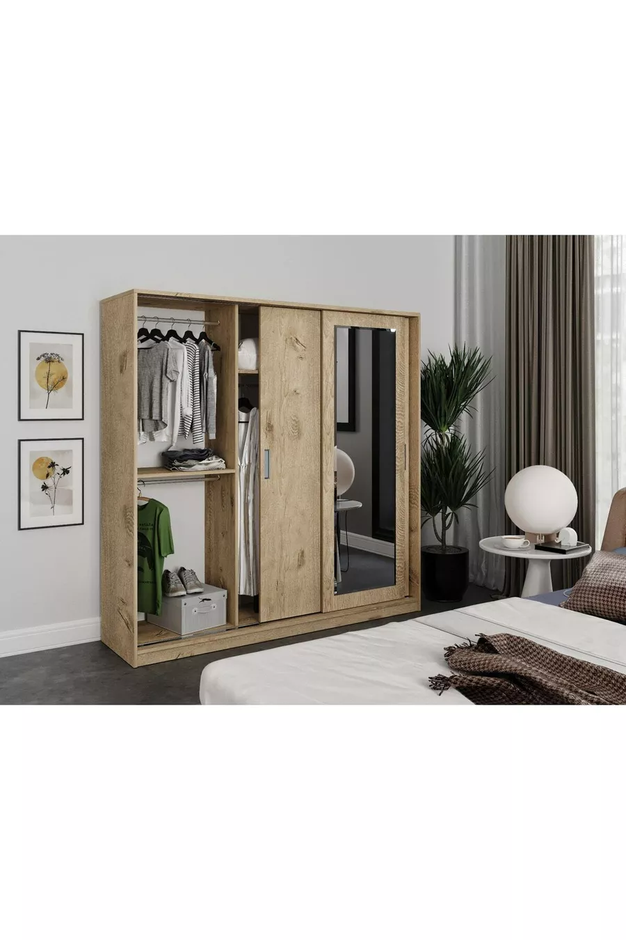 Armadio con Specchio Scorrevole a 3 Ante Samira - Interamente in MDF Rovere