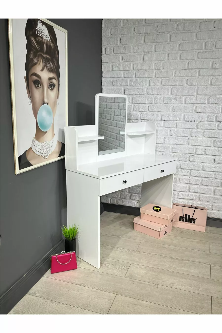 Tavolo da Trucco con Specchio, Tocador con 2 Cassetti, Organizer per Gioielli e Mensola, Bianco, cm