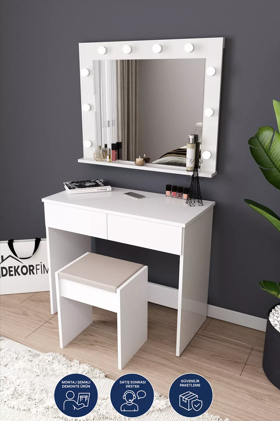 B LED Verlichte Spiegel Organizer Make-up Tafel met Kruk en Ladeverdeling, Cosmetisch Bureau