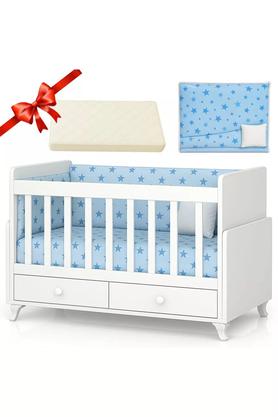 Wsmall Rocking Baby Cradle Bed with Blue Bedding Set Gift