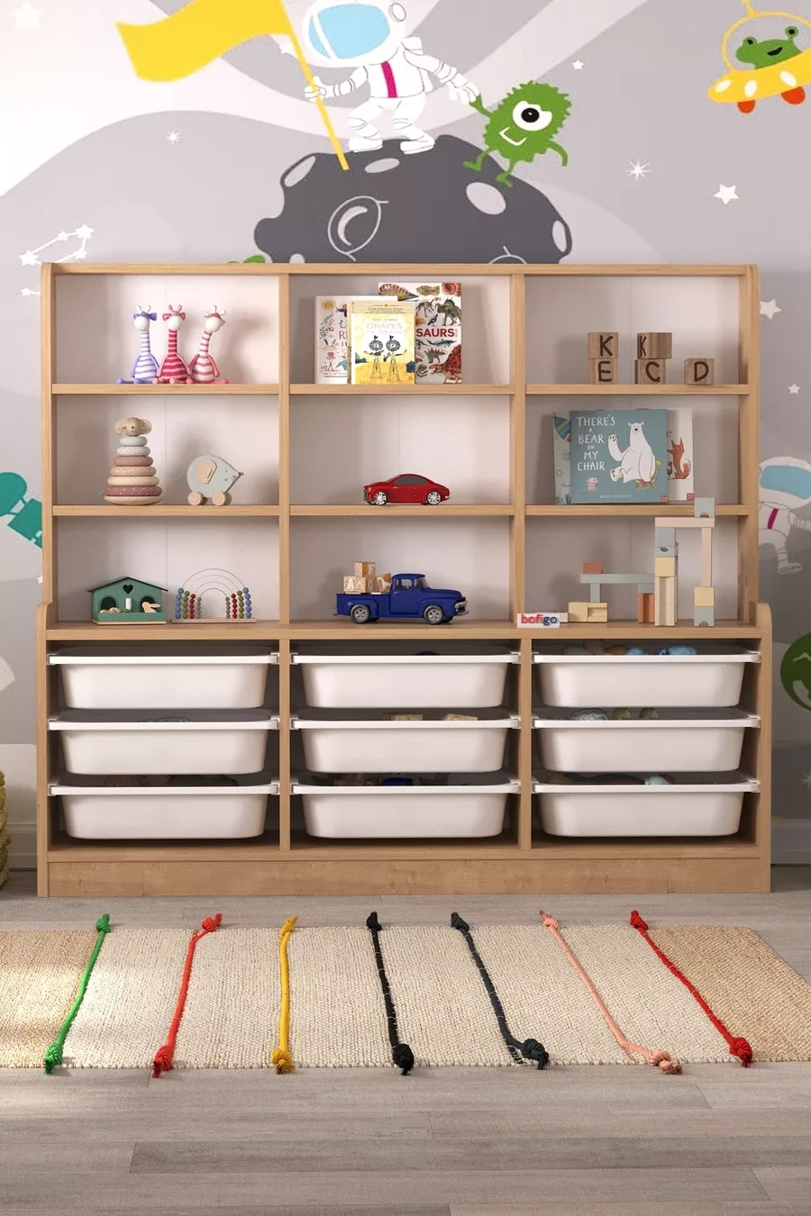 9-Basket 9-Shelf Cabinet Multi-Purpose Cabinet Toy Cabinet Almina Sapphire Oak