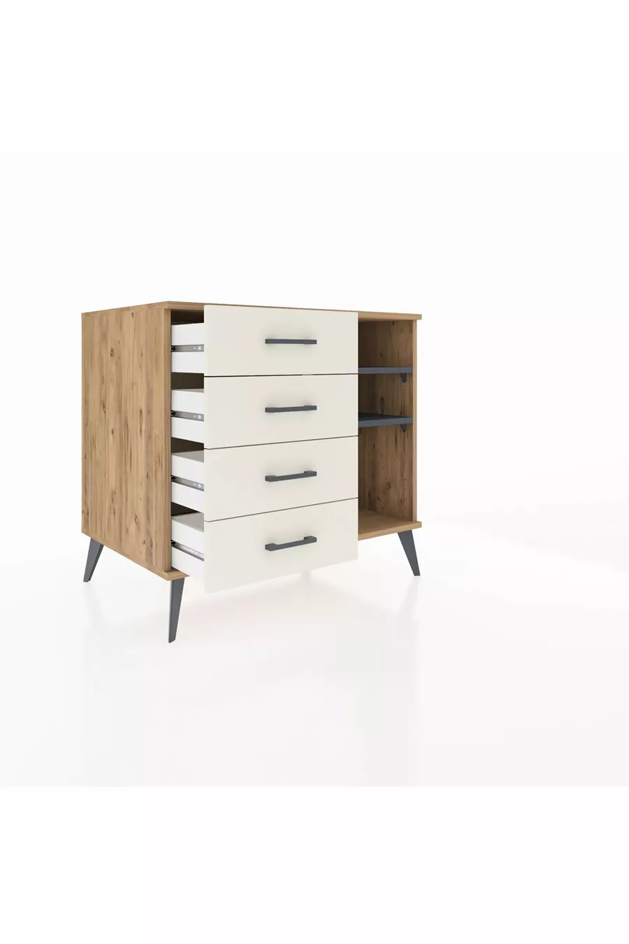 Commode Kronos 2 étagères 4 tiroirs Pin-Anthracite / Pierre de Lune