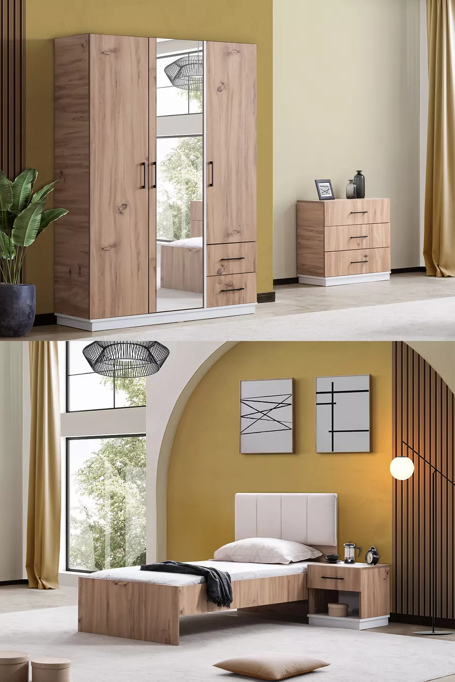 Camera da letto per ragazzi Efes con 3 ante armadio, letto, comò, comodino in noce crema