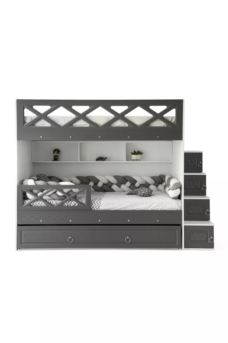 Lits superposés Mars avec tiroirs, anthracite & blanc, structure en acier avec revêtement en membrane, 100% MDF