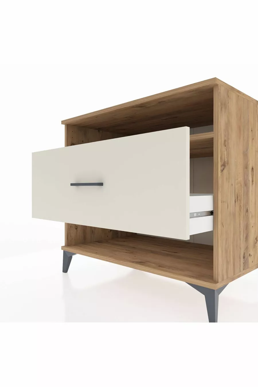 Commode Kronos à une étagère et un tiroir, en pin et travertin