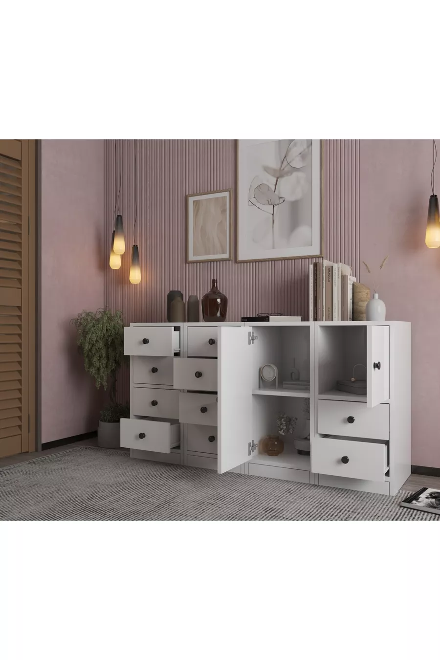 Comodino con anta e cassetti bianco Cm -Ç