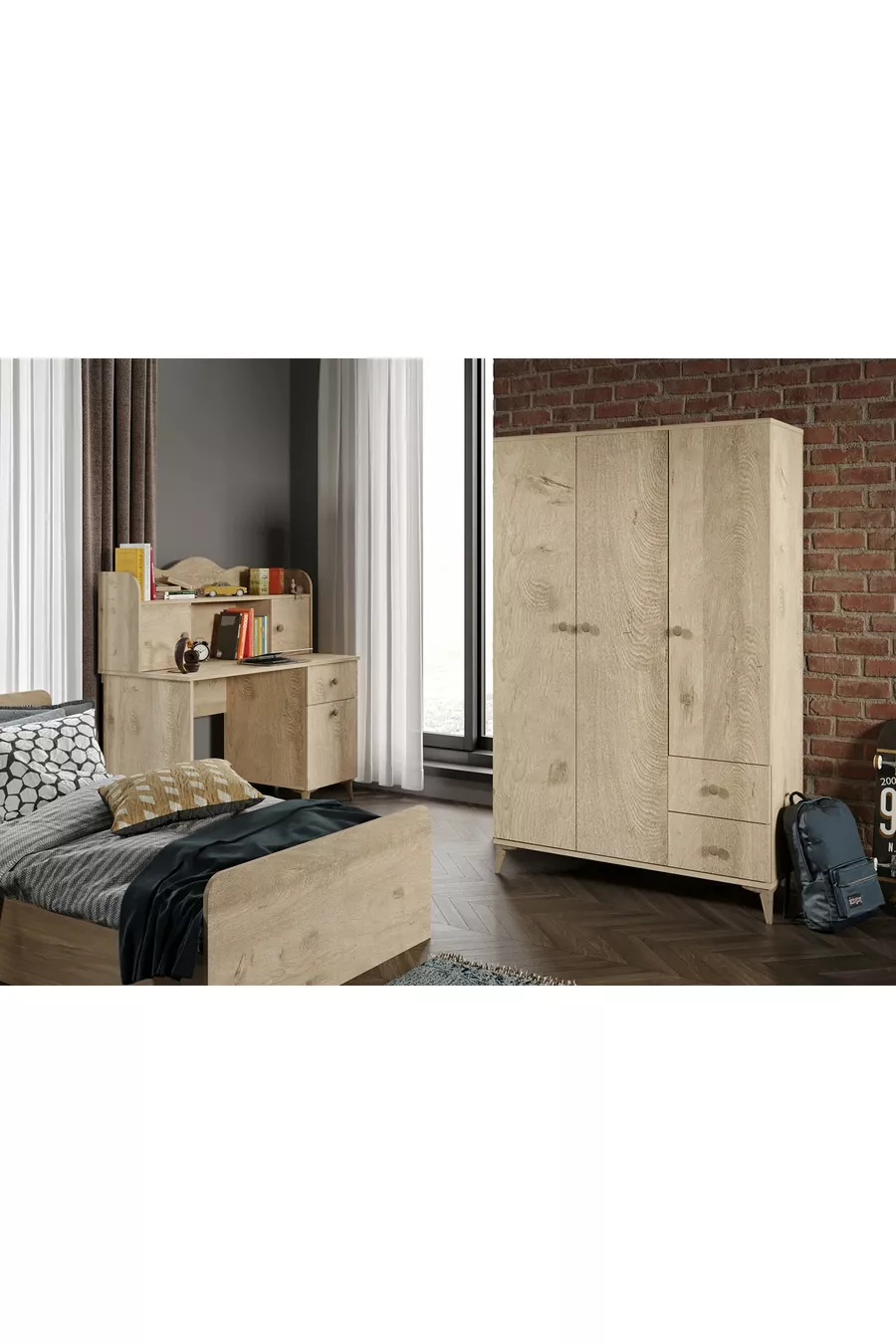 Modern Genç Odası Takımı Meşe - 4 Parçalı Ve Tamamı 1. Kalite Mdf