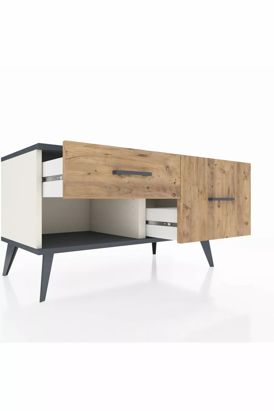 Commode Hyperion 2 tiroirs Pierre de lune-Anthracite/Sapin
