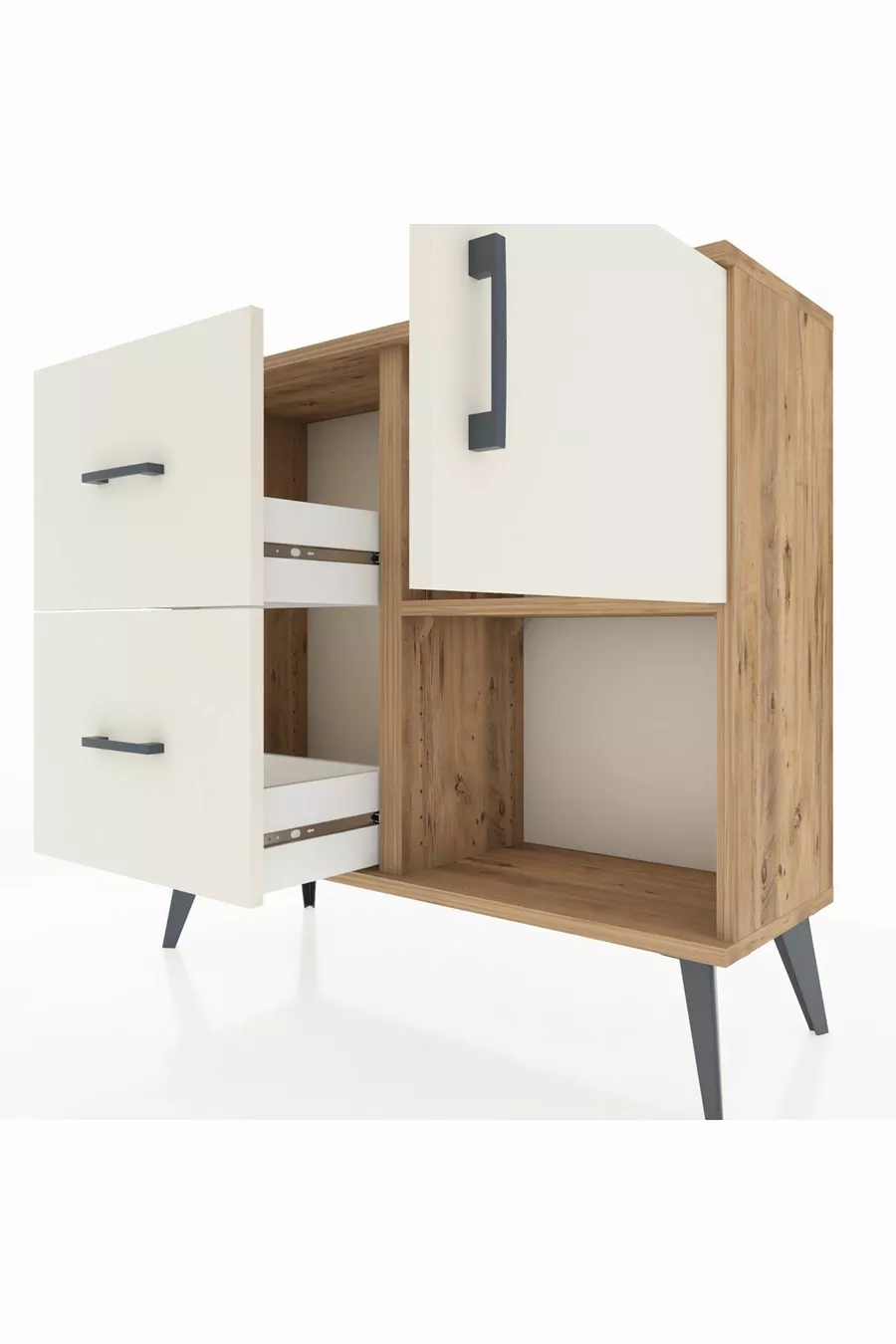 Commode Arges à une étagère, 2 tiroirs et une porte, pin et pierre de batte