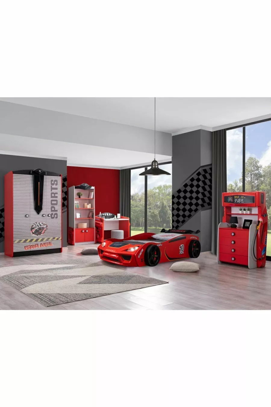 Chambre d'enfant - Lit sur roulettes Vento - Armoire 3 portes Sport, Bureau, Commode, Bibliothèque - Rouge