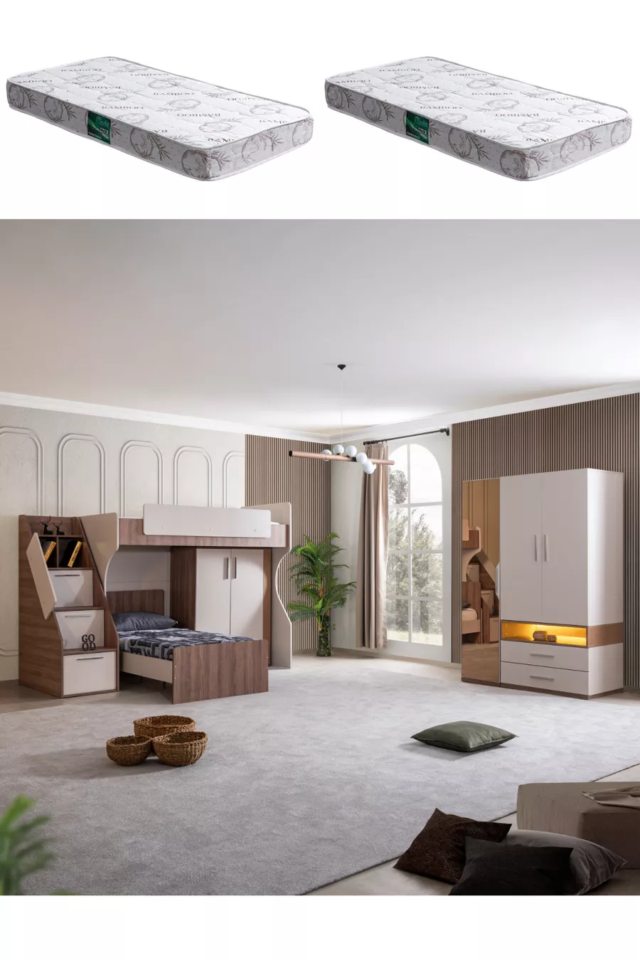 Bunk Bed, Milano Youth Room Set Bunk Bed with Cabinet, 3-Door Wardrobe, 2 Comfort Mattresses