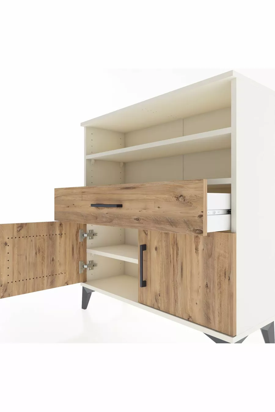 Commode Arges 3 étagères 1 tiroir 2 portes Pierre de lune-Épicéa