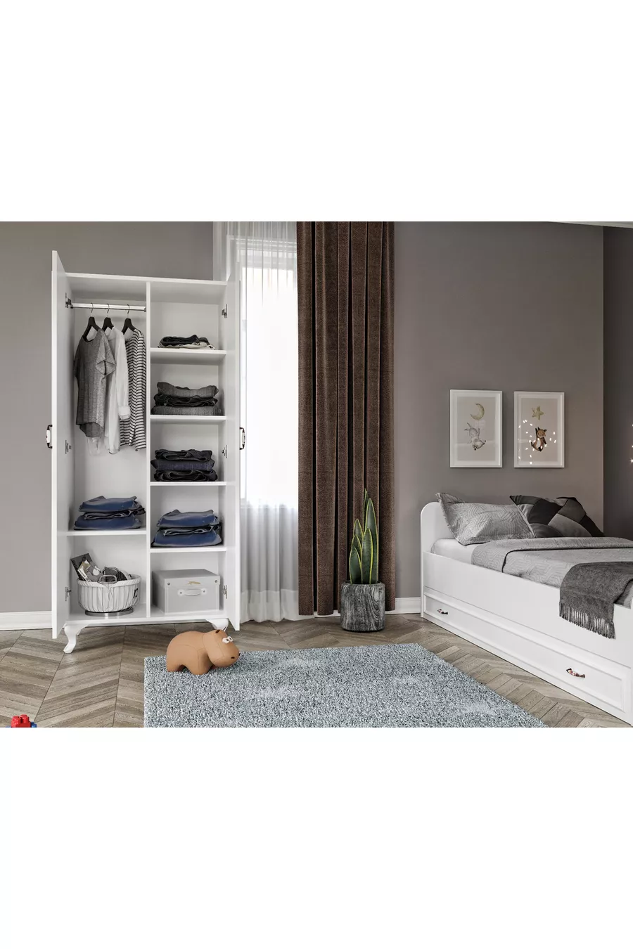 Ensemble de chambre Kartopu Country - Lit avec tiroirs, armoire à 2 portes, commode à 3 tiroirs en MDF
