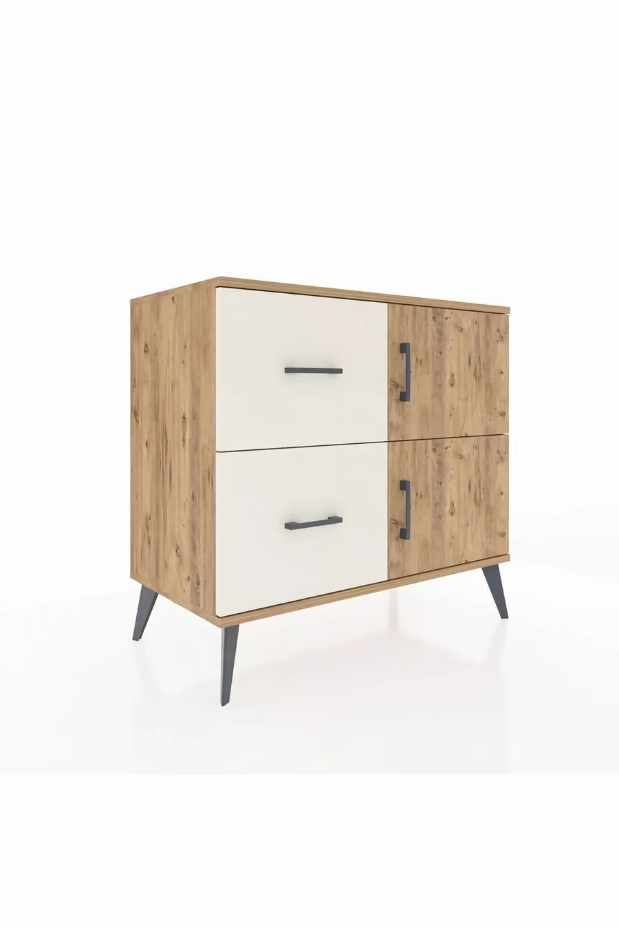Commode Hyperion avec une seule étagère, 2 tiroirs et 2 portes, Pin-Pin / Pierre de bois