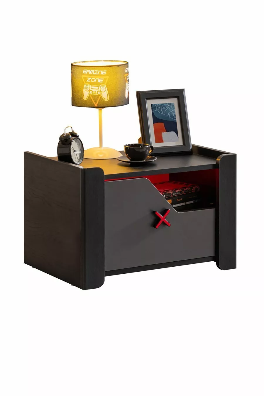 Jugendzimmer mit Gamer-Motiv - 2-türiger Schrank, Bett, Nachttisch, Schreibtisch, Kommode, Bücherregal