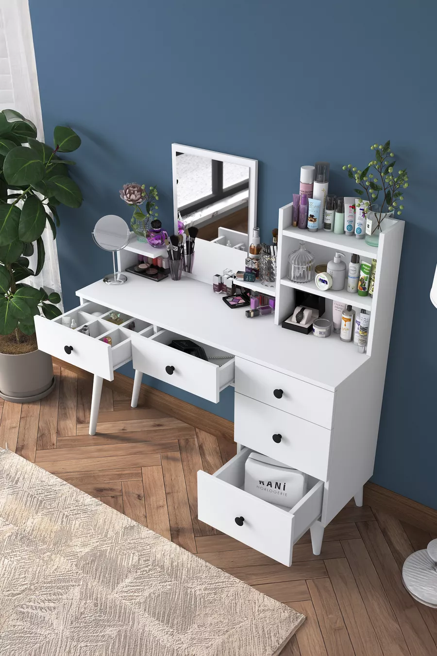 Coiffeuse avec miroir et 5 tiroirs, étagère pour bijoux, blanche