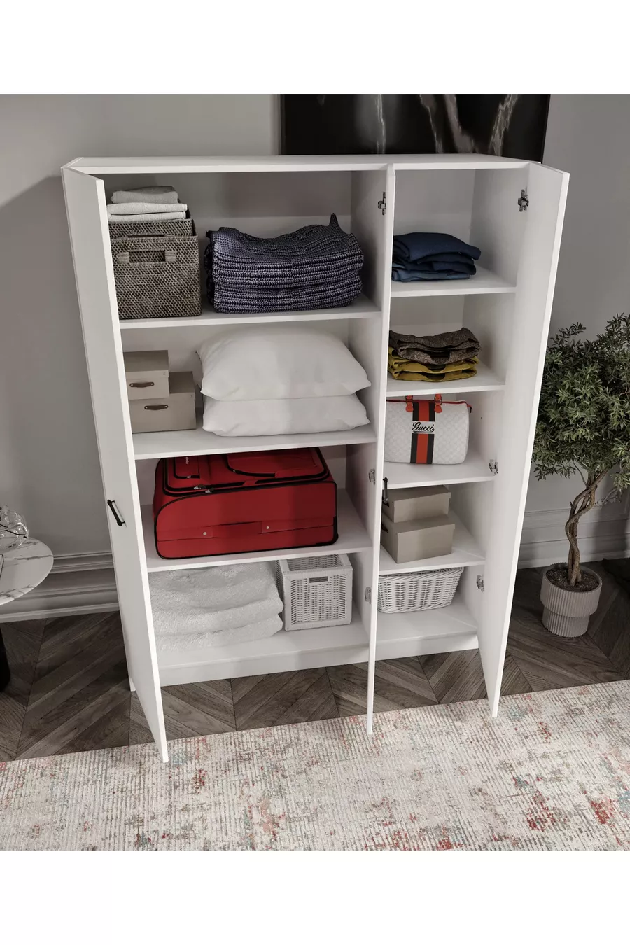 % MDF 3-Door Cabinet with Base and 9 Compartments - Fully MDF Cabinet