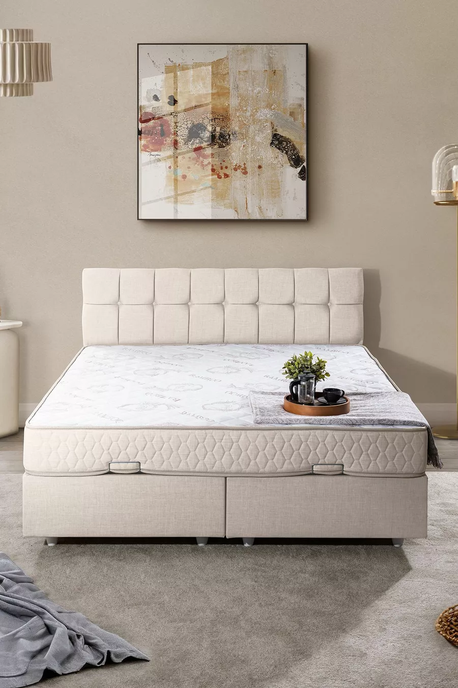 Berlin Double Bed Base and Headboard Set, Cream