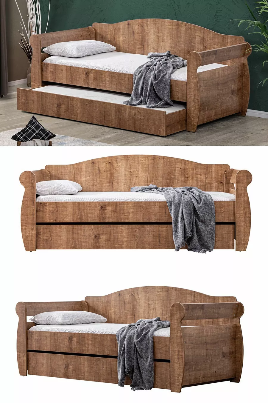 Bunk Bed with Trundle, Wooden Trundle Bed - Walnut