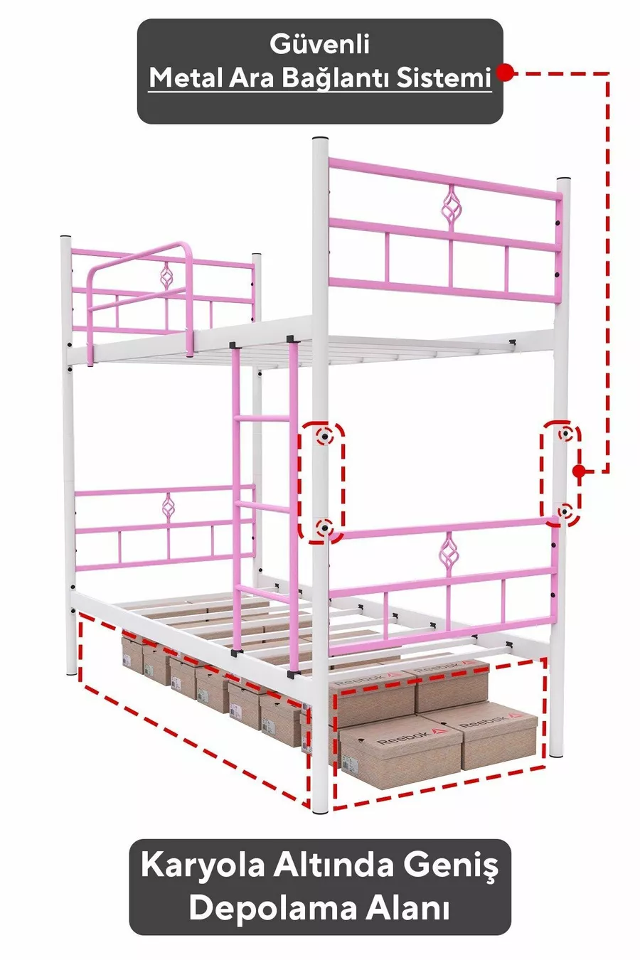 Lit superposé Koza Ranza compatible avec matelas, rose clair, métal détachable