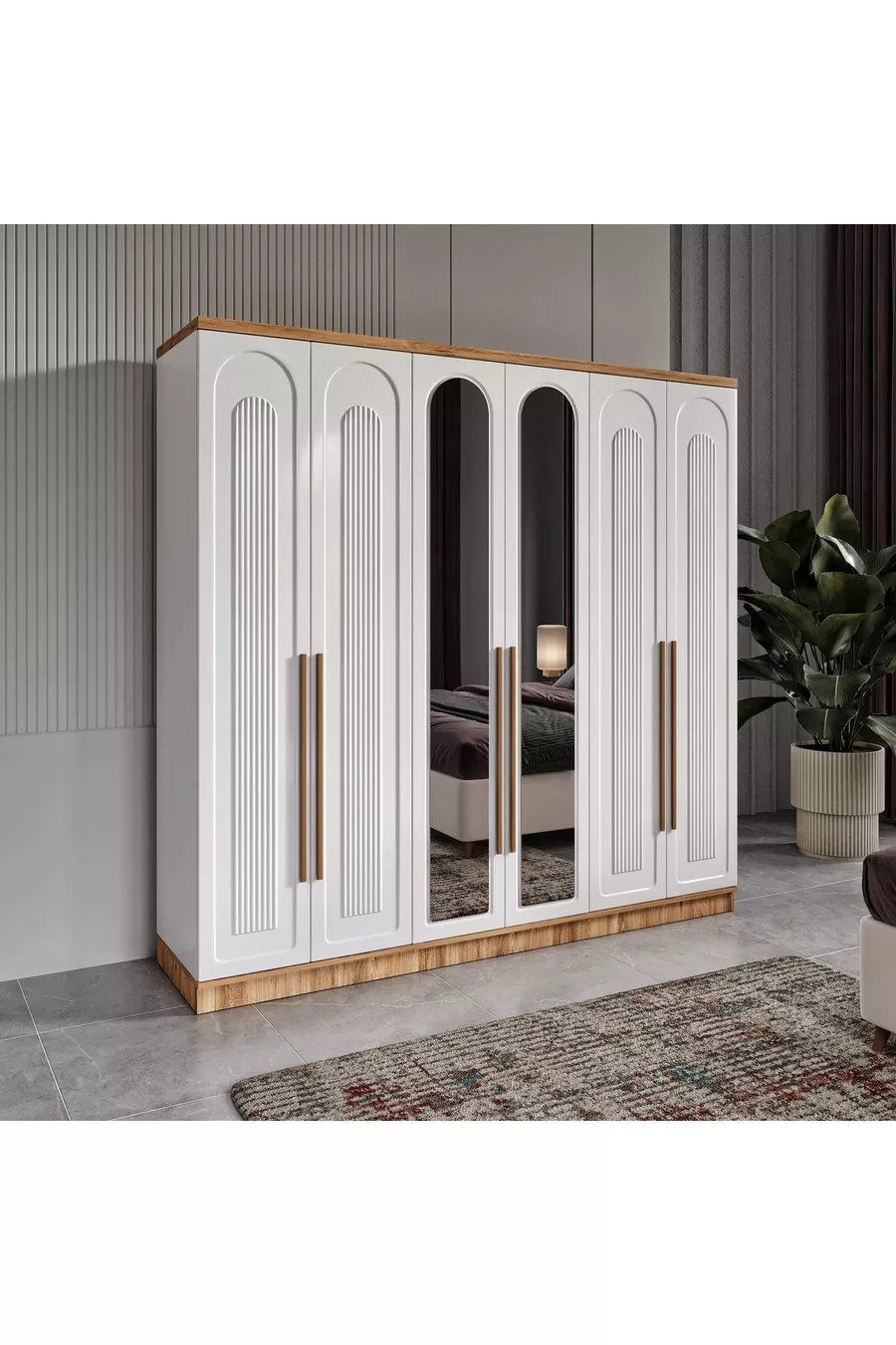 Installation gratuite - Chambre à coucher complète en MDF Flora à 6 portes - Sommier inclus