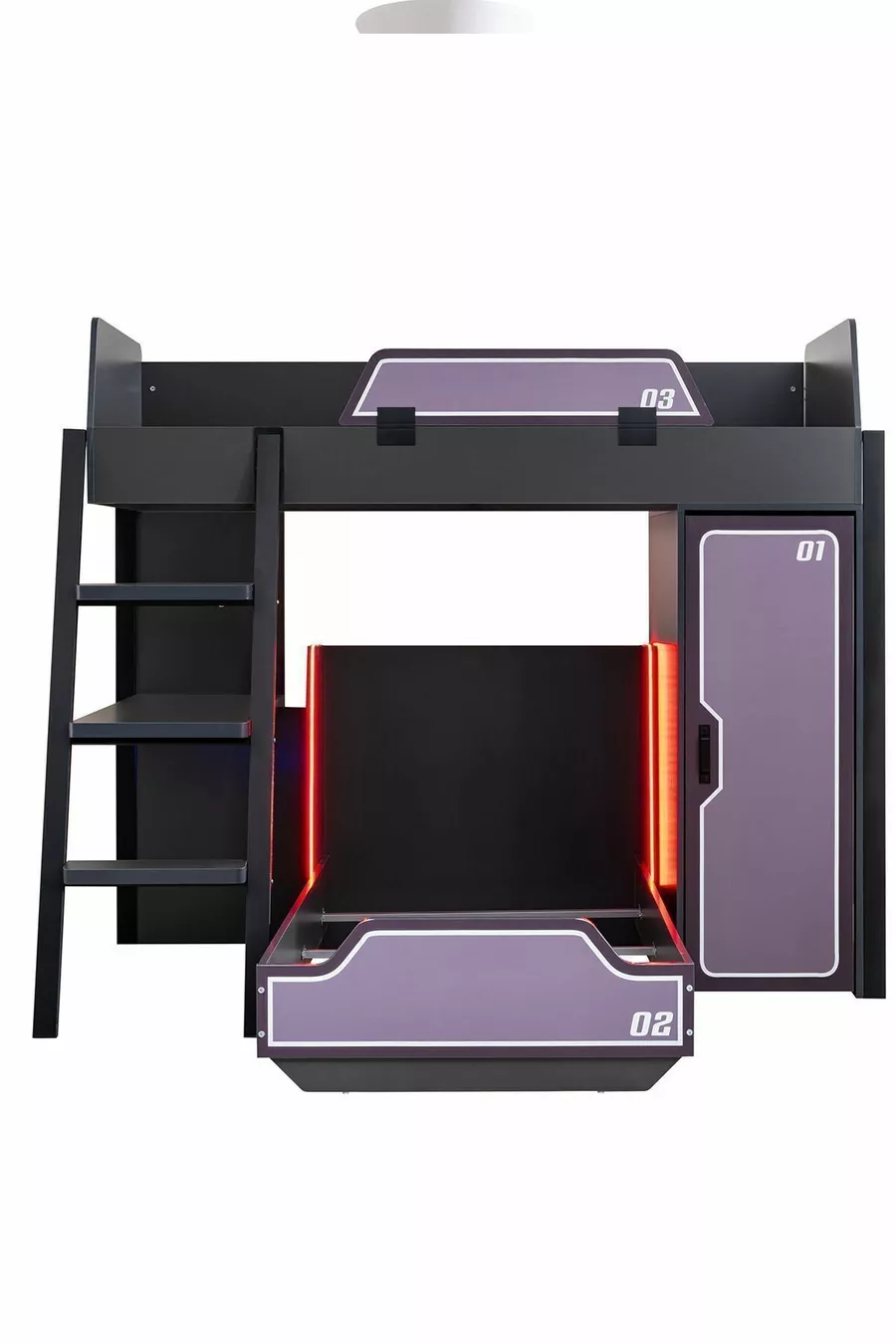 Camera da gioco con letto a castello, letto a castello Gamer con LED, scrivania, armadio e 2 letti comfort