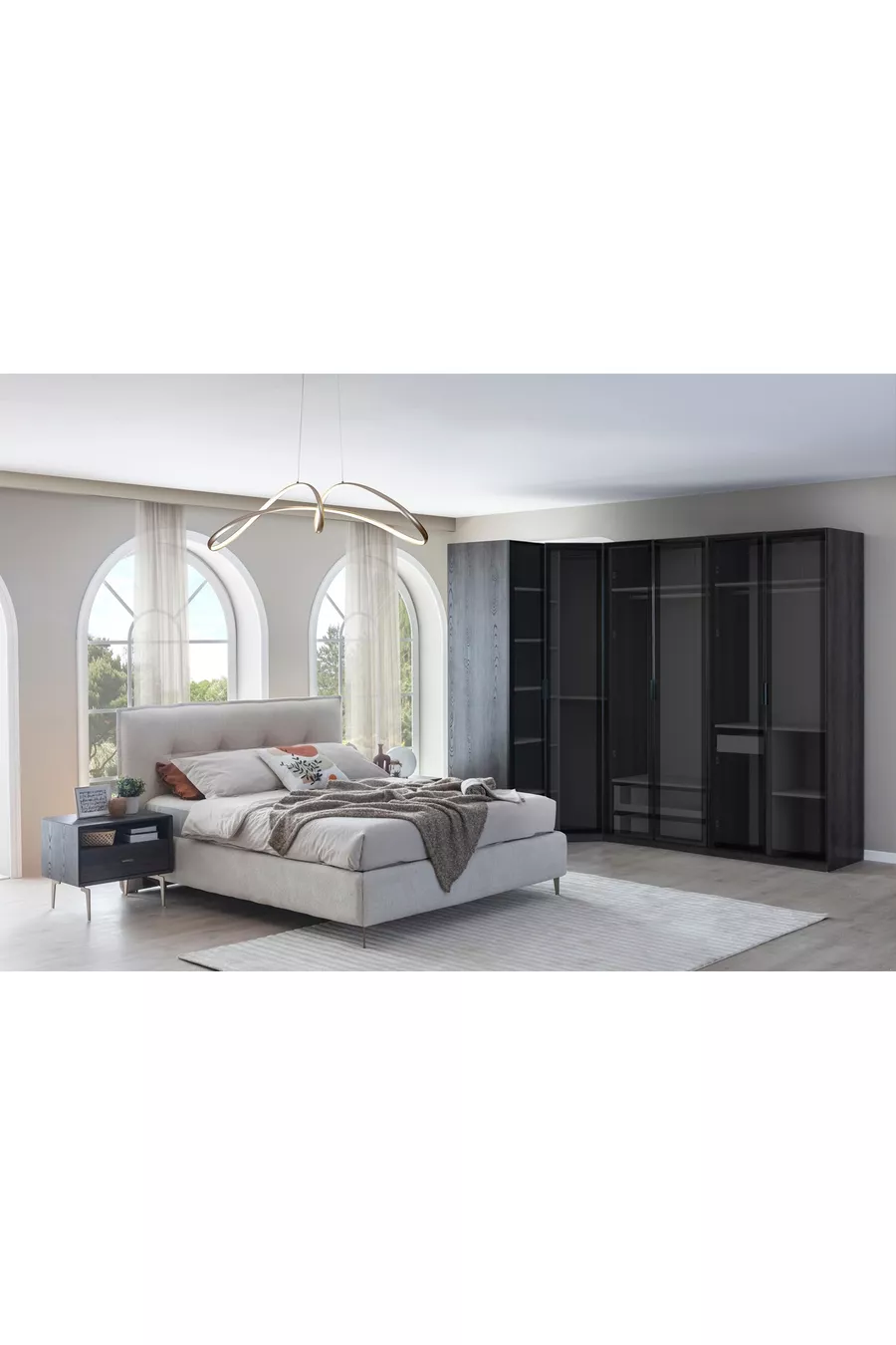 ENSEMBLE DE CHAMBRE PANDOR NOX AVEC VITRES, MODULE D'ANGLE, NOYER FONCÉ