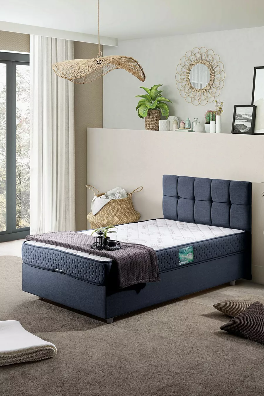 Berlin Tek Kişilik Baza Başlık Comfort Yatak Seti, Lacivert