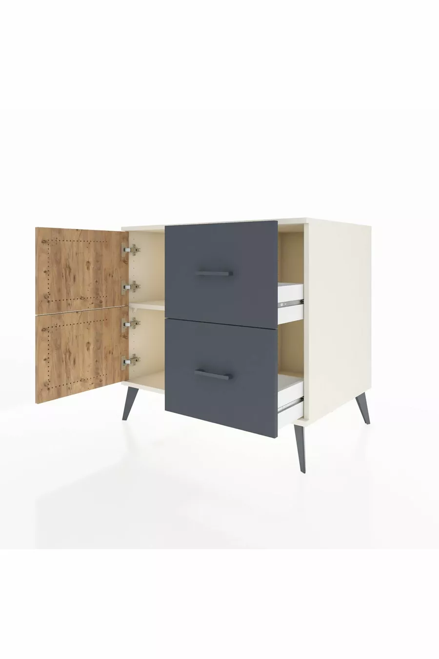 Commode Kronos à une étagère, 2 tiroirs, 2 portes, Pierre de lune/Pin/Anthracite
